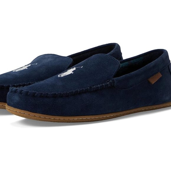 NIB POLO RALPH LAUREN MEN'S RIBBED CORDUROY SLIP ON SLIPPERS NAVY BLUE WHITE - Picture 1 of 8
